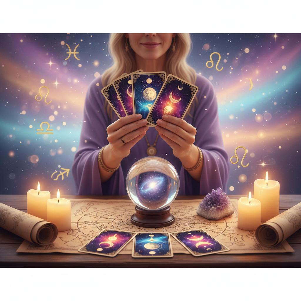 Mystical tarot cards and celestial symbols over Austin TX skyline