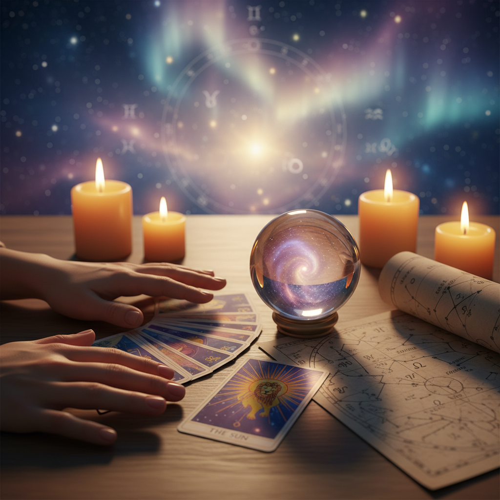 Mystical tarot cards glowing with Austin skyline background