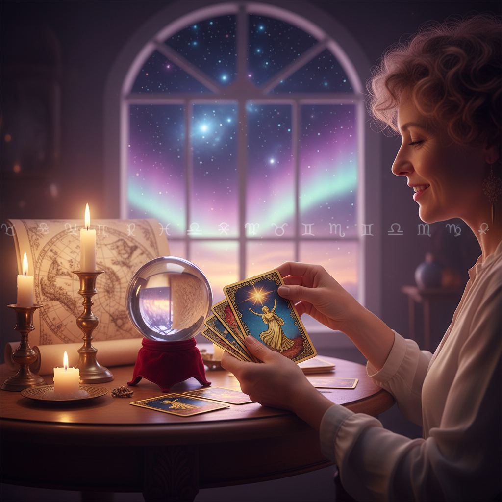 Mystical tarot cards and celestial symbols in vibrant Austin TX setting