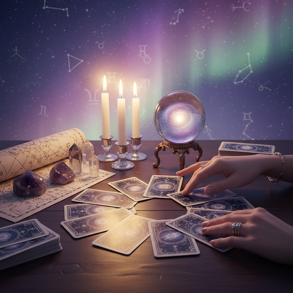 Mystical tarot cards arranged with Austin skyline background and soft candlelight