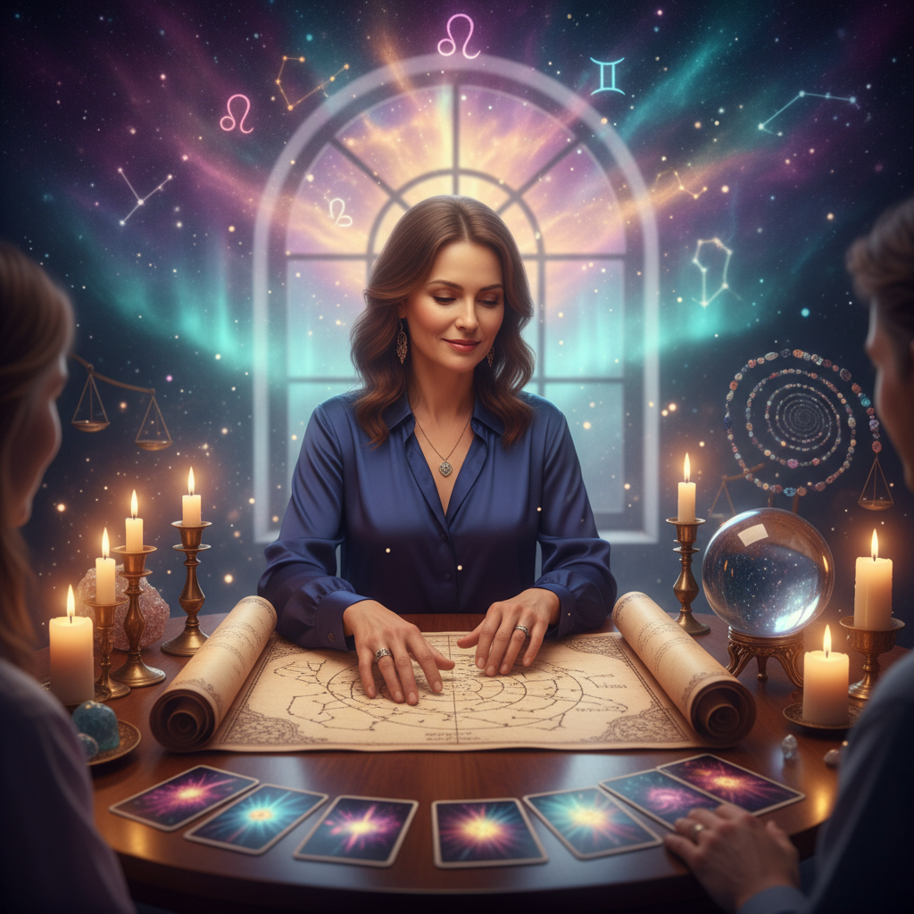Mystical celestial chart with astrological symbols over Austin skyline