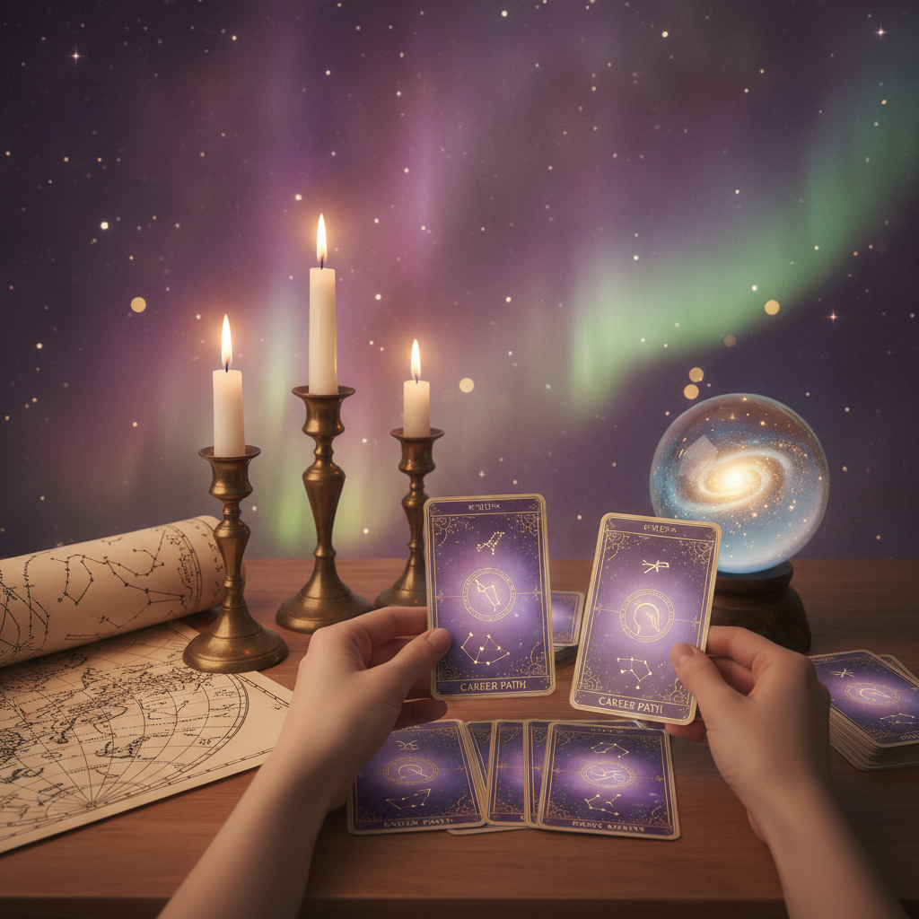 Mystical celestial background with tarot cards and astrological symbols above Austin skyline