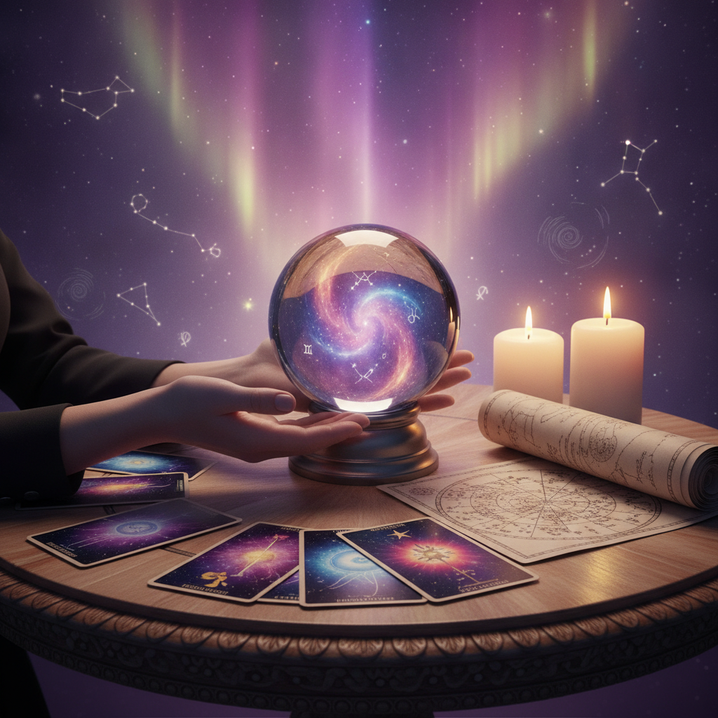 Mystical celestial background with Austin cityscape for career guidance