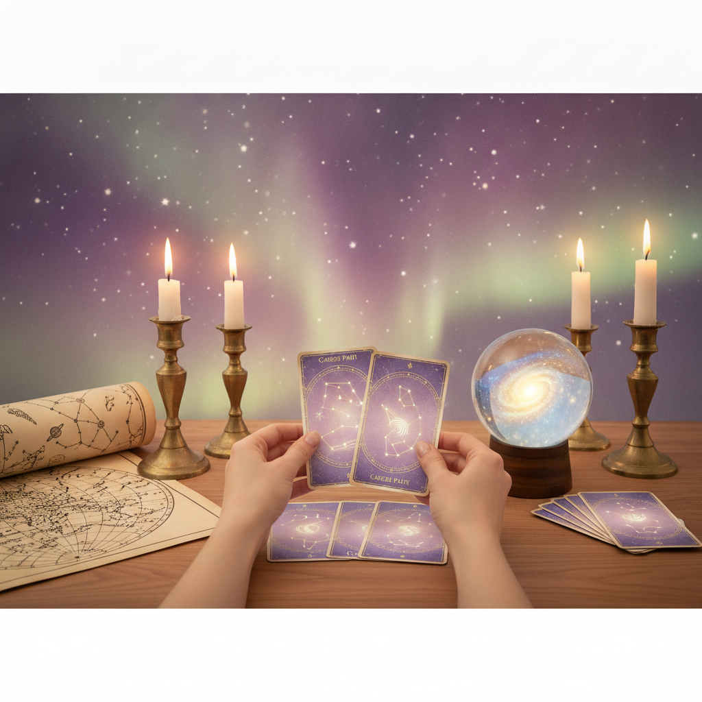 Mystical celestial symbols representing career and financial guidance in Austin