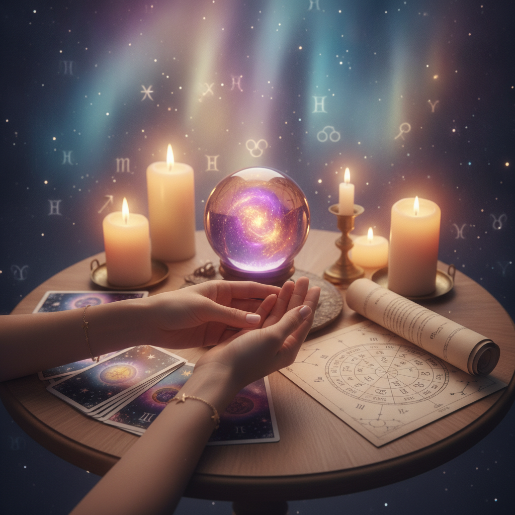 Career Financial Guidance Psychic Austin TX: Find Your Path Celestial tarot cards glowing over Austin city skyline at dusk