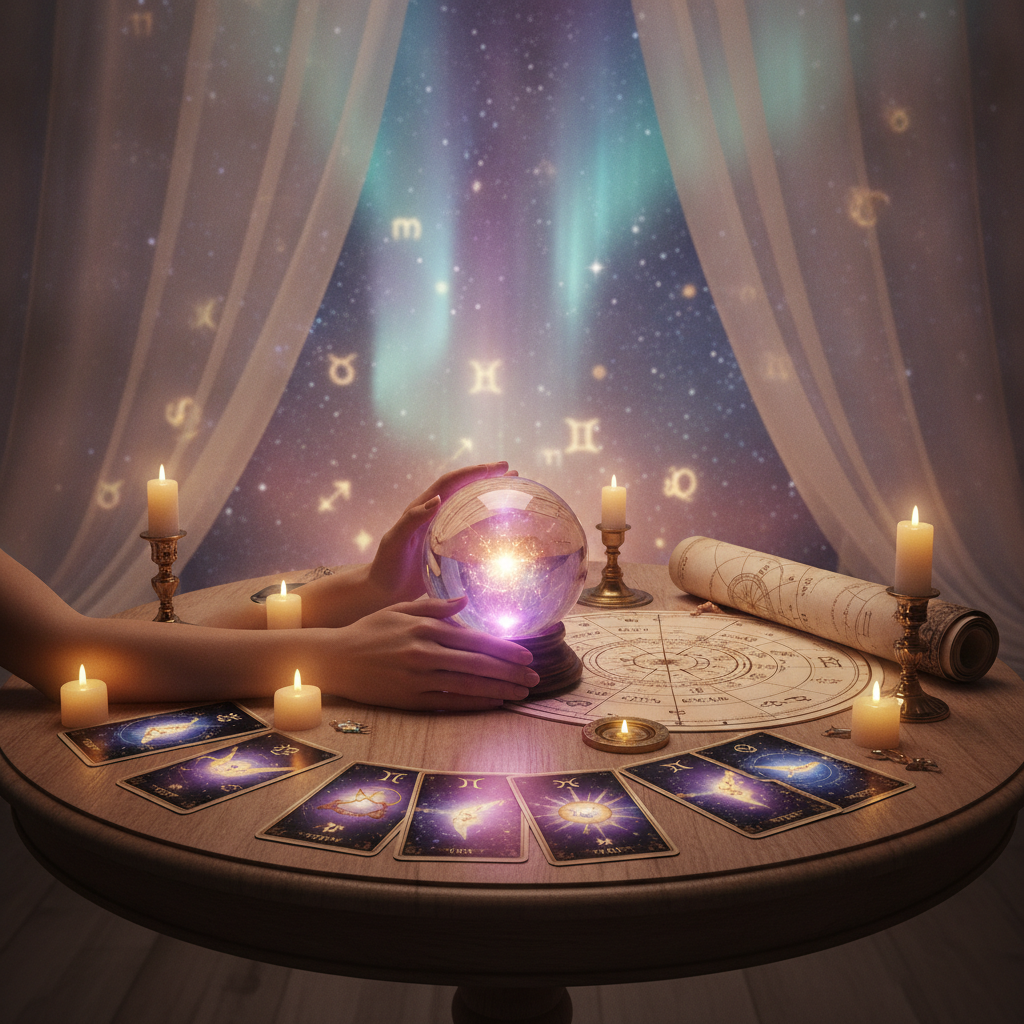 Mystic celestial career guidance with Austin skyline background
