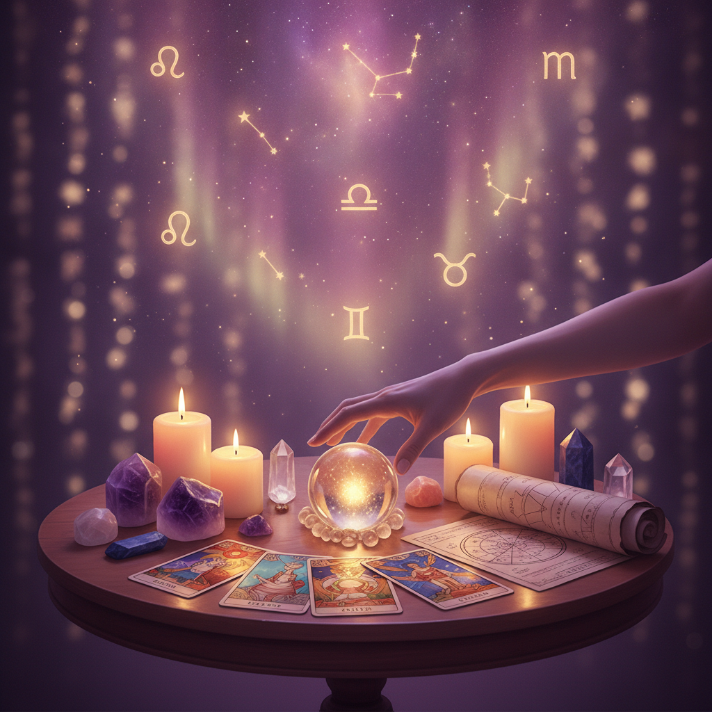 Mystical chakra energy illustration with Austin TX cityscape background