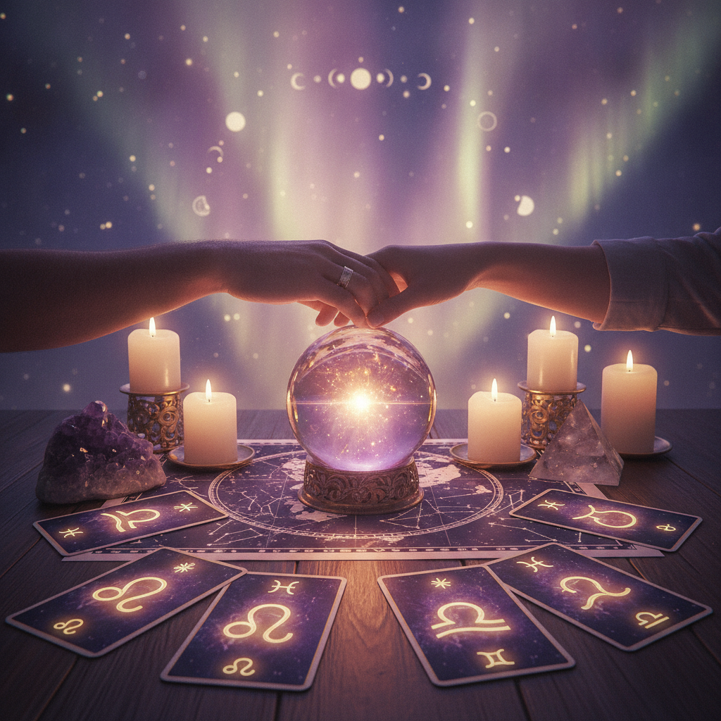 Mystical celestial energy with chakra symbols over Austin cityscape