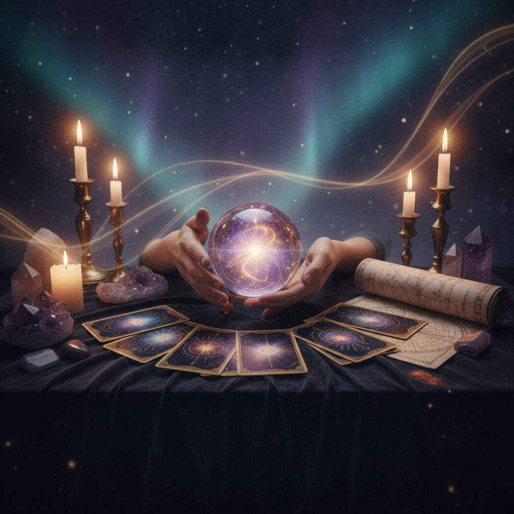 Mystical celestial aura with glowing spiritual symbols in Austin Texas background