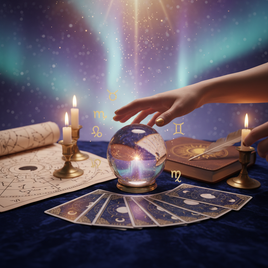 Mystical celestial scene with crystal ball and Austin TX skyline background