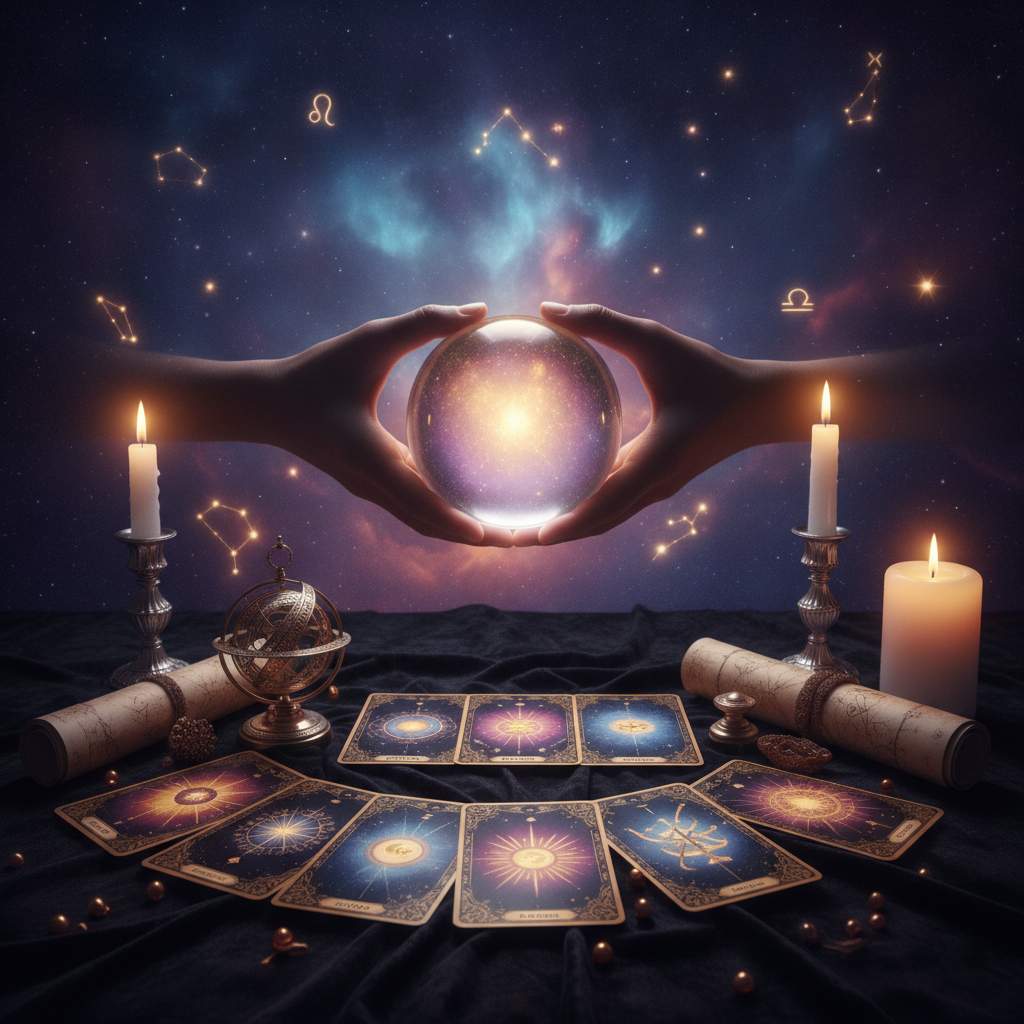Celestial tarot cards with Austin TX skyline mystical background