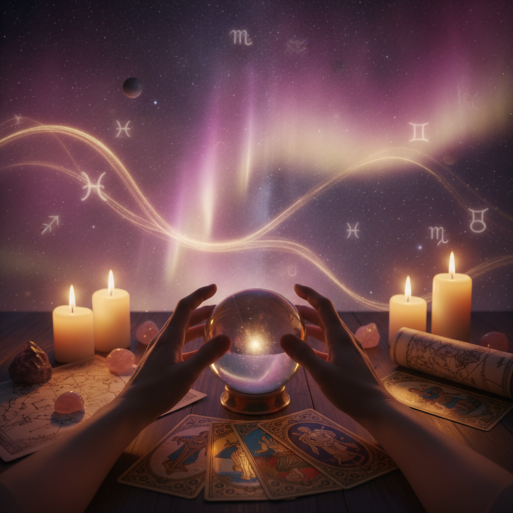 Mystic tarot cards with a celestial Austin cityscape background