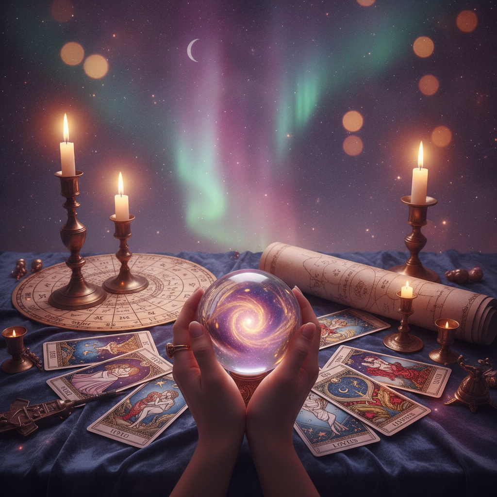 Celestial tarot cards and astrology chart over Austin cityscape background