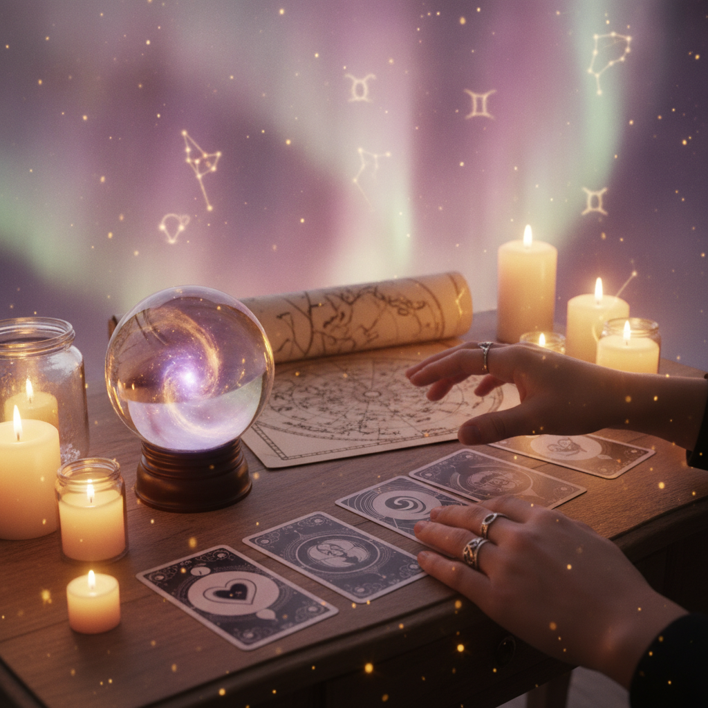 Beautiful celestial tarot cards glowing over Austin skyline at dusk