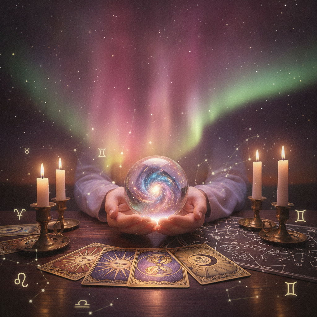 Mystical tarot deck and celestial symbols with Austin skyline backdrop