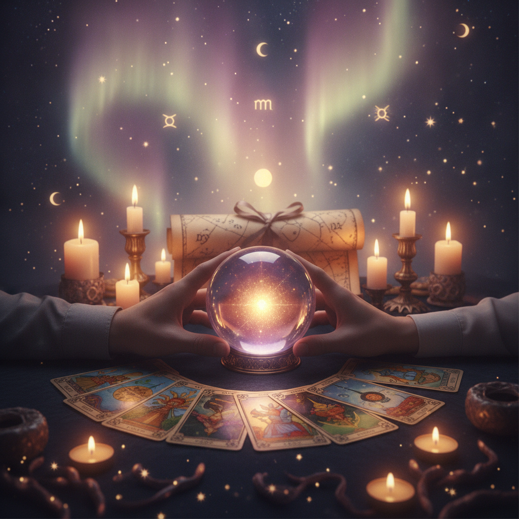 Celestial astrology symbols with heart and Austin TX cityscape background