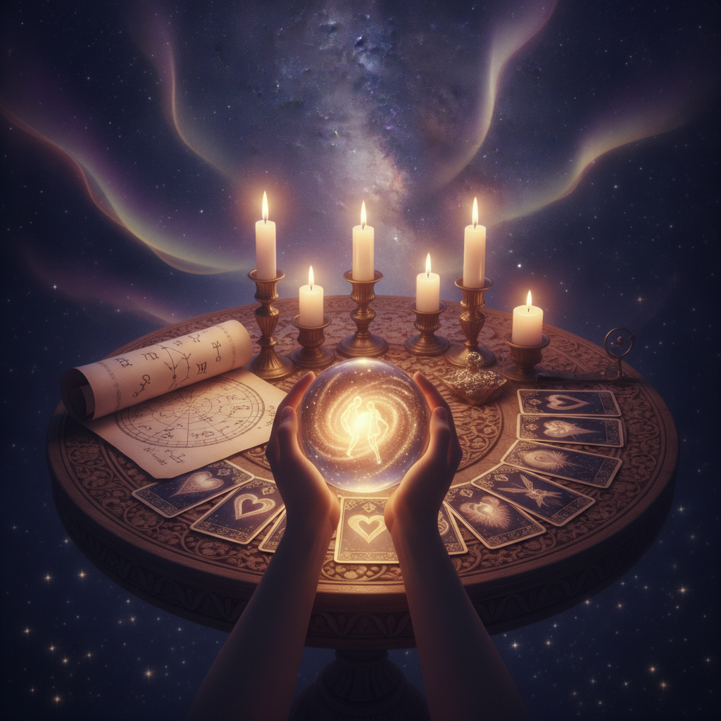 Love and Relationship Psychic Austin TX: Find Your True Match Mystical celestial symbols over Austin skyline for love readings