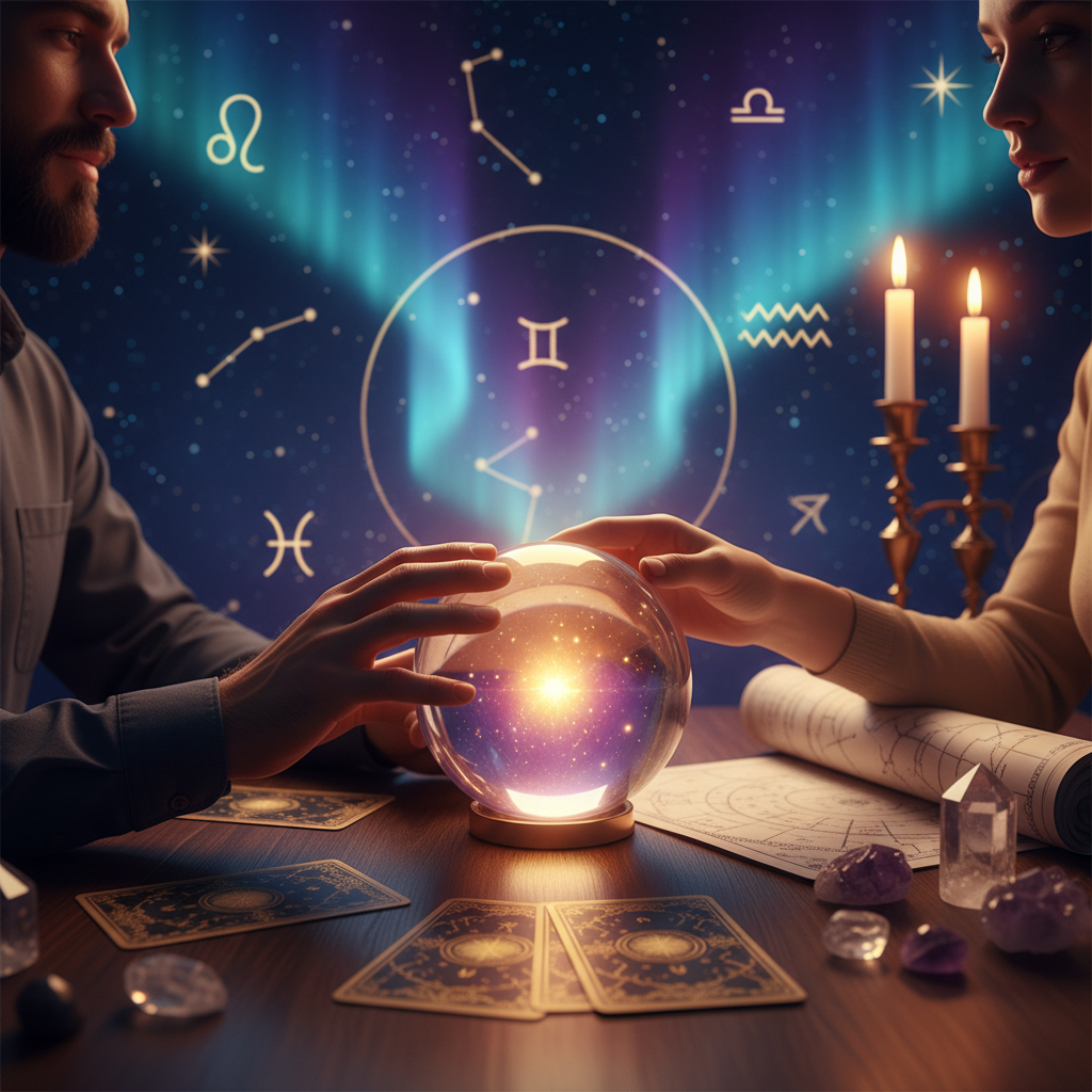 Mystical hand glowing with celestial symbols in Austin Texas
