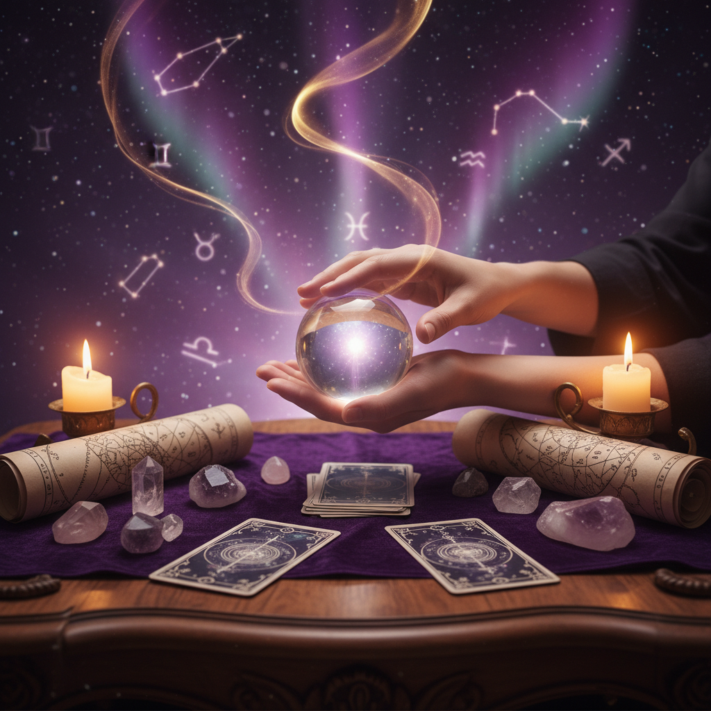 Mystical palmistry lines glowing over celestial background in Austin Texas
