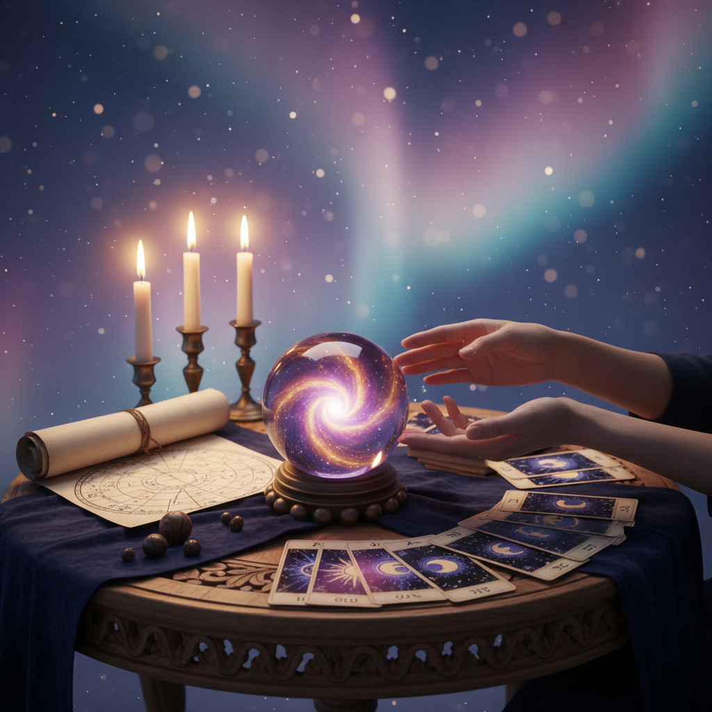 Discover Palm Reading Austin TX with Expert Life Line Insights Mystic palm reader analyzing life line with Austin cityscape background