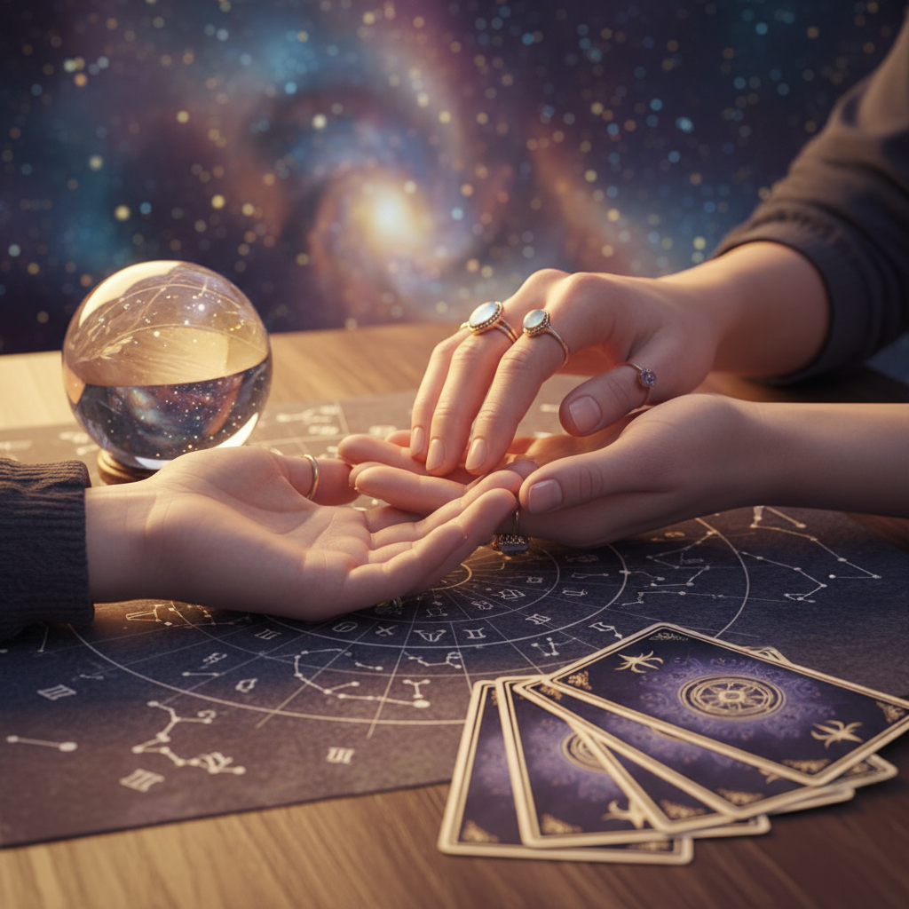 Mystical hand with glowing palm and celestial Austin background