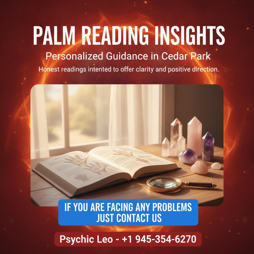 Palm reading setup with crystals and guide book in Cedar Park, TX