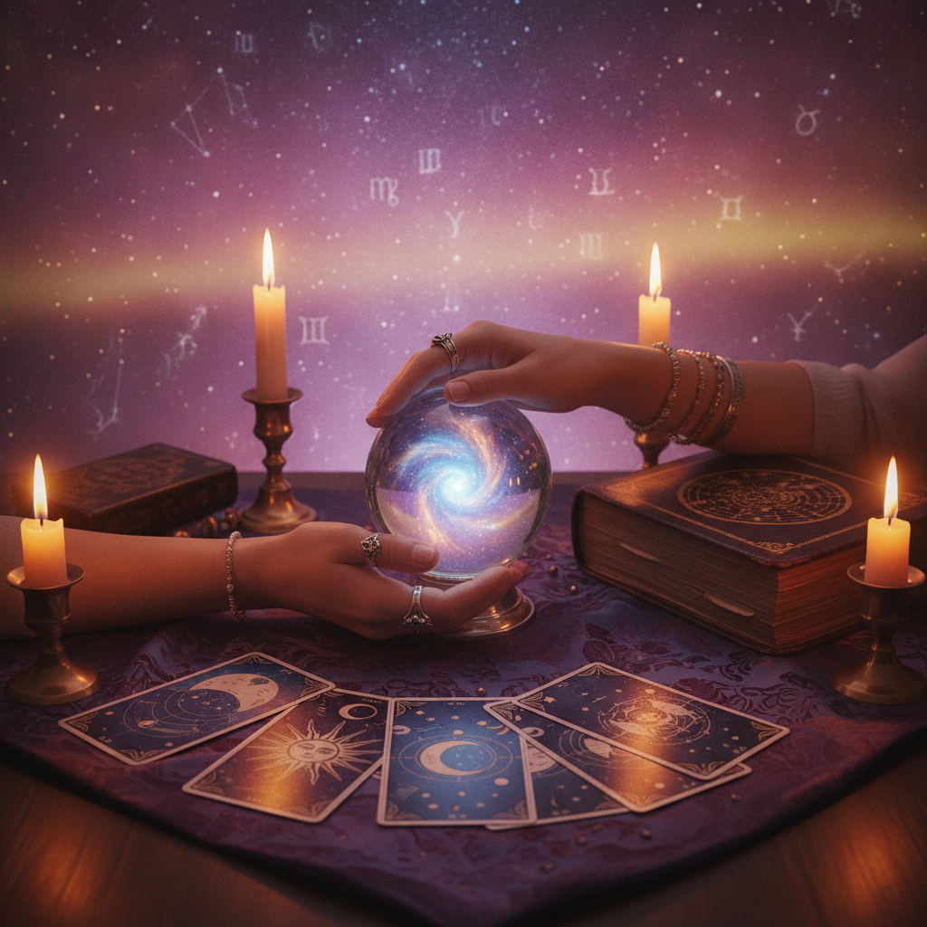 Discover Past Life Reading Austin TX with Psychic Leo Mystical celestial stars and soul journey mountain landscape with Austin skyline
