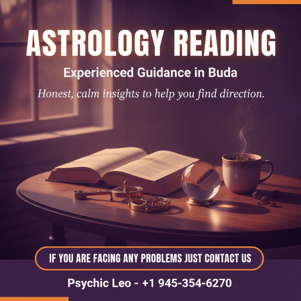 Calm astrology reading setup with charts and crystals in Buda, TX