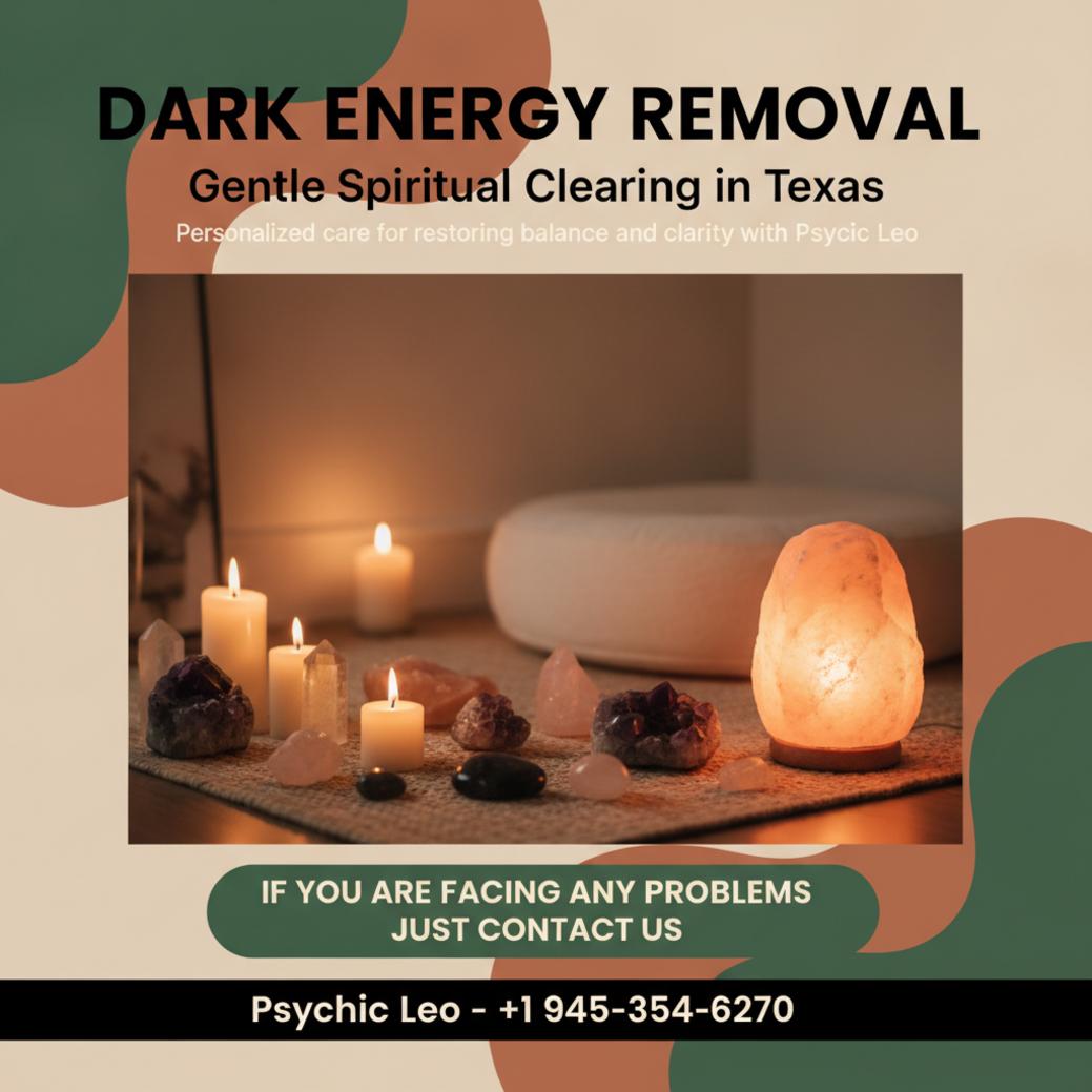 spiritual healing space with crystals and candles for dark energy removal in Texas