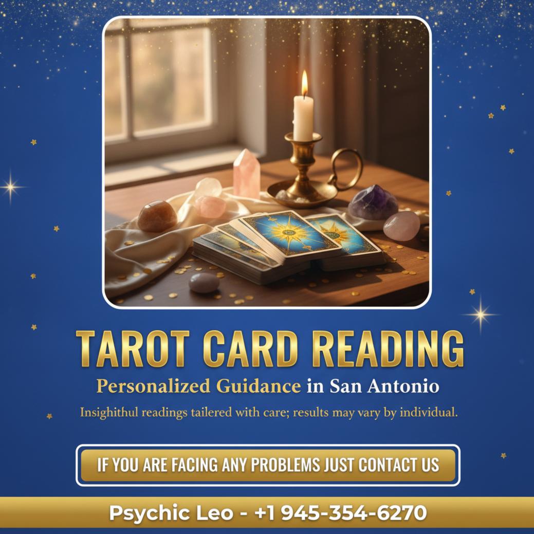 Wooden table with tarot card reading setup in San Antonio