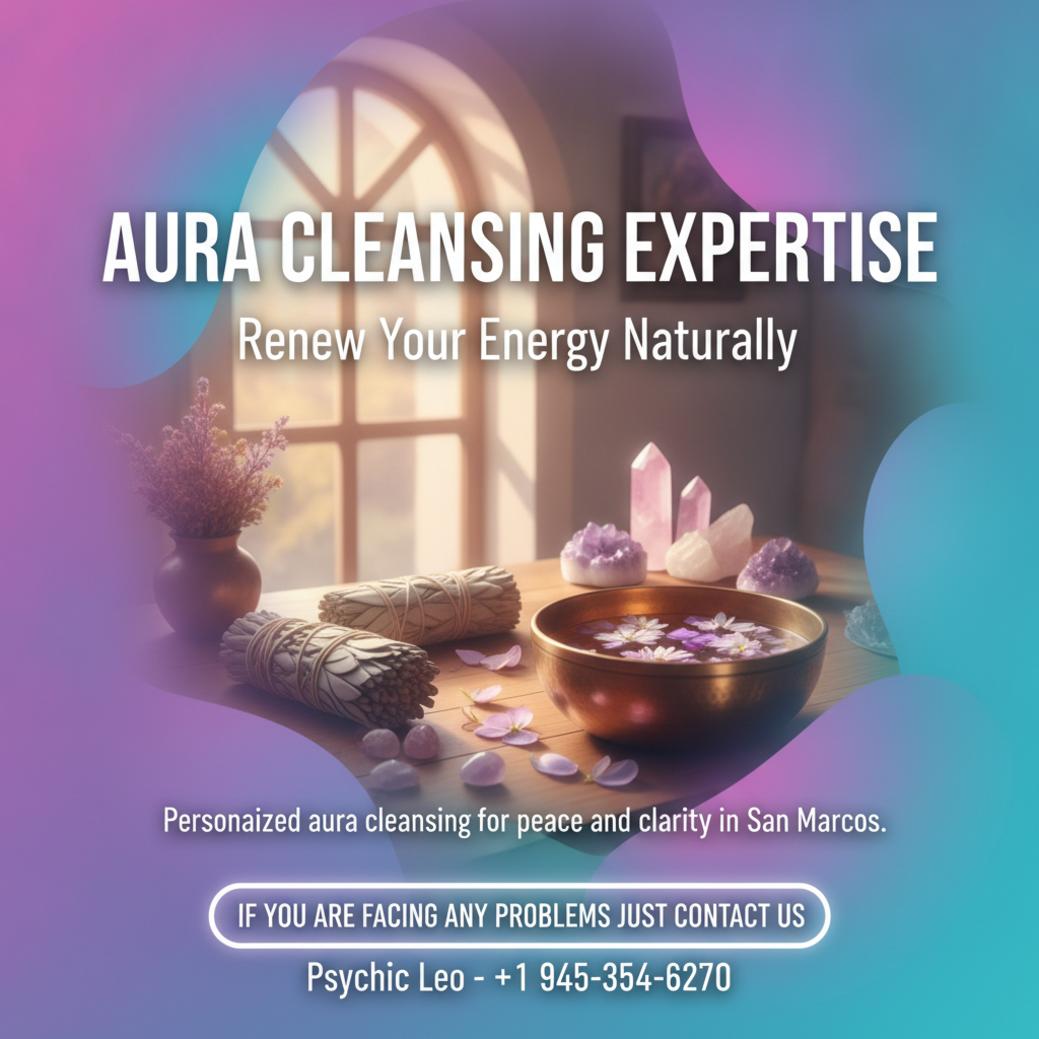 serene aura cleansing setup with sage and crystals in San Marcos room