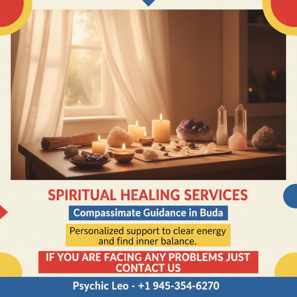 Spiritual healer peaceful altar with candles and crystals in Buda TX