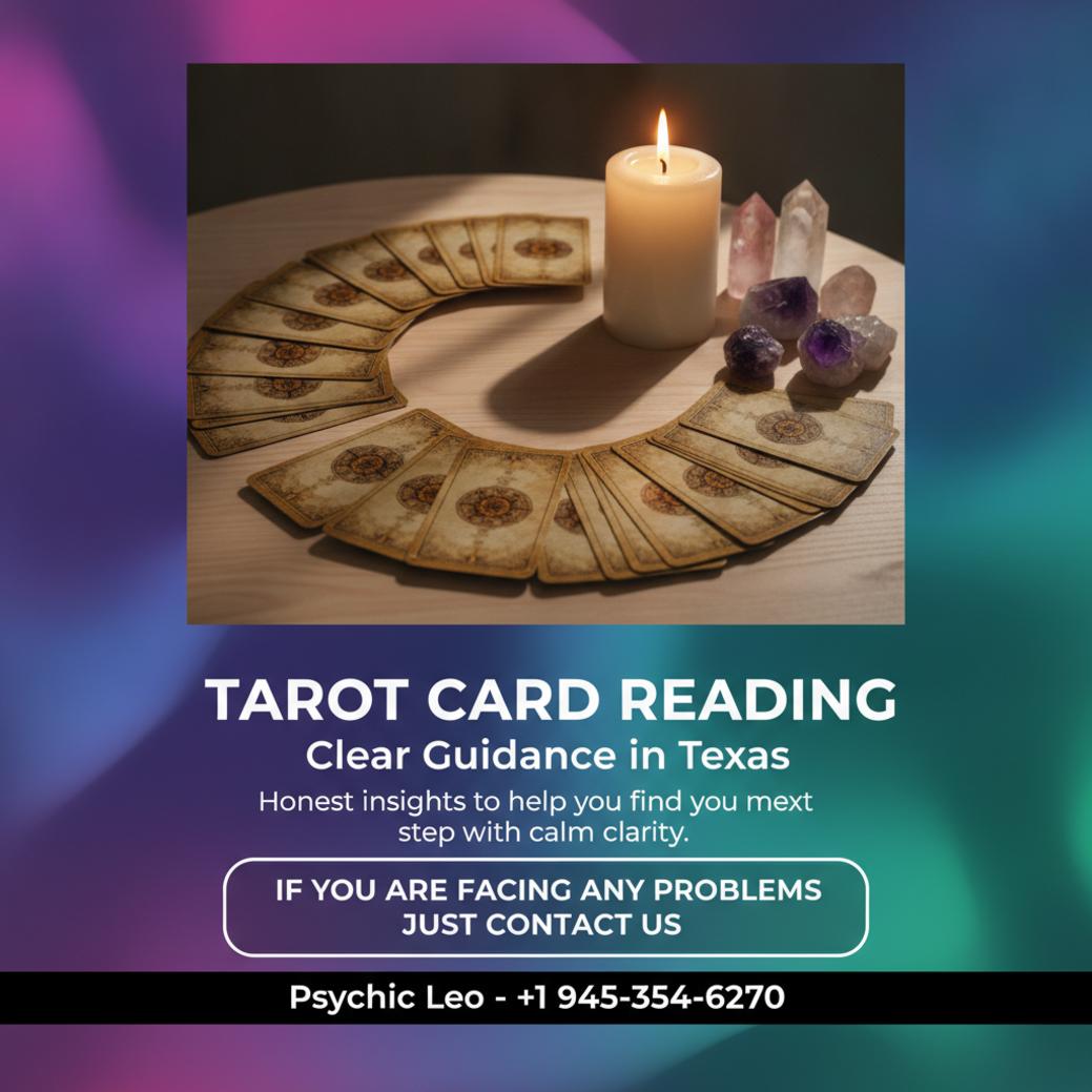 Tarot card reading spread on wooden table in Texas spiritual setting