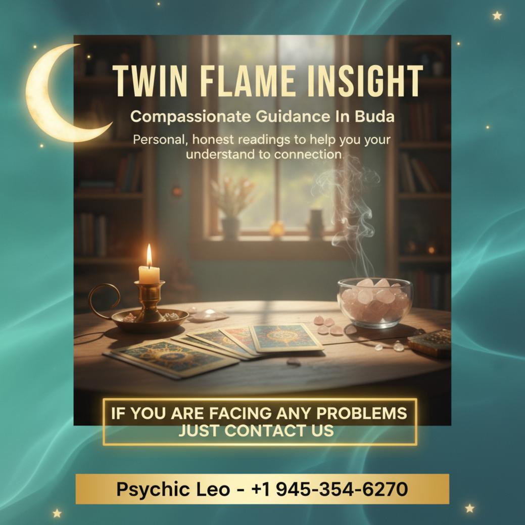 calming twin flame reading setup with tarot cards and crystals in Buda TX