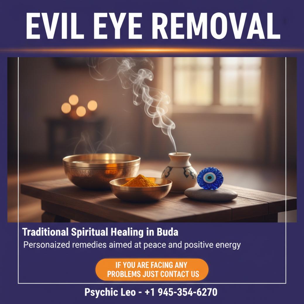 Wooden altar with traditional evil eye removal items in Buda, TX