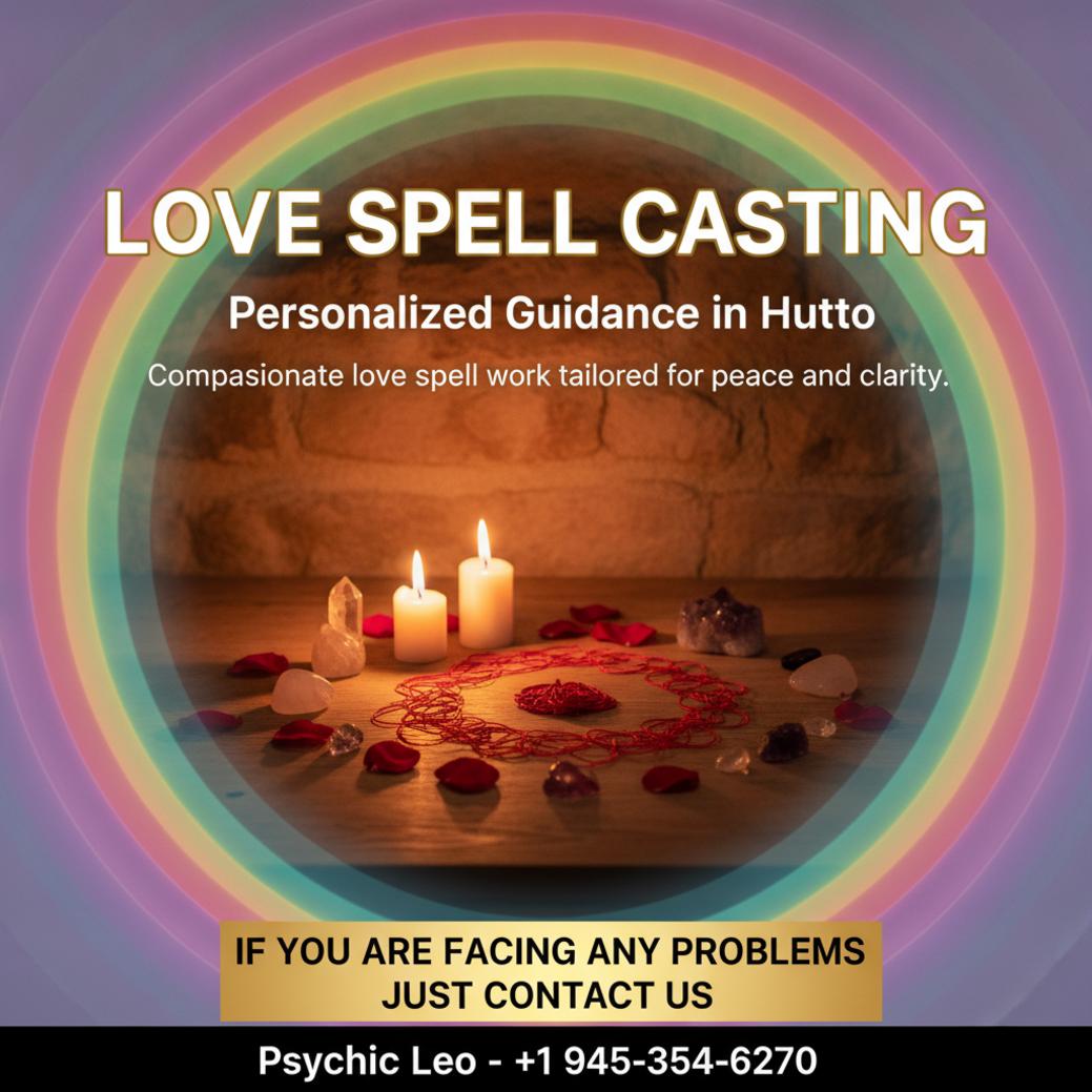 Love spell caster ritual setup with candles and crystals in Hutto Texas