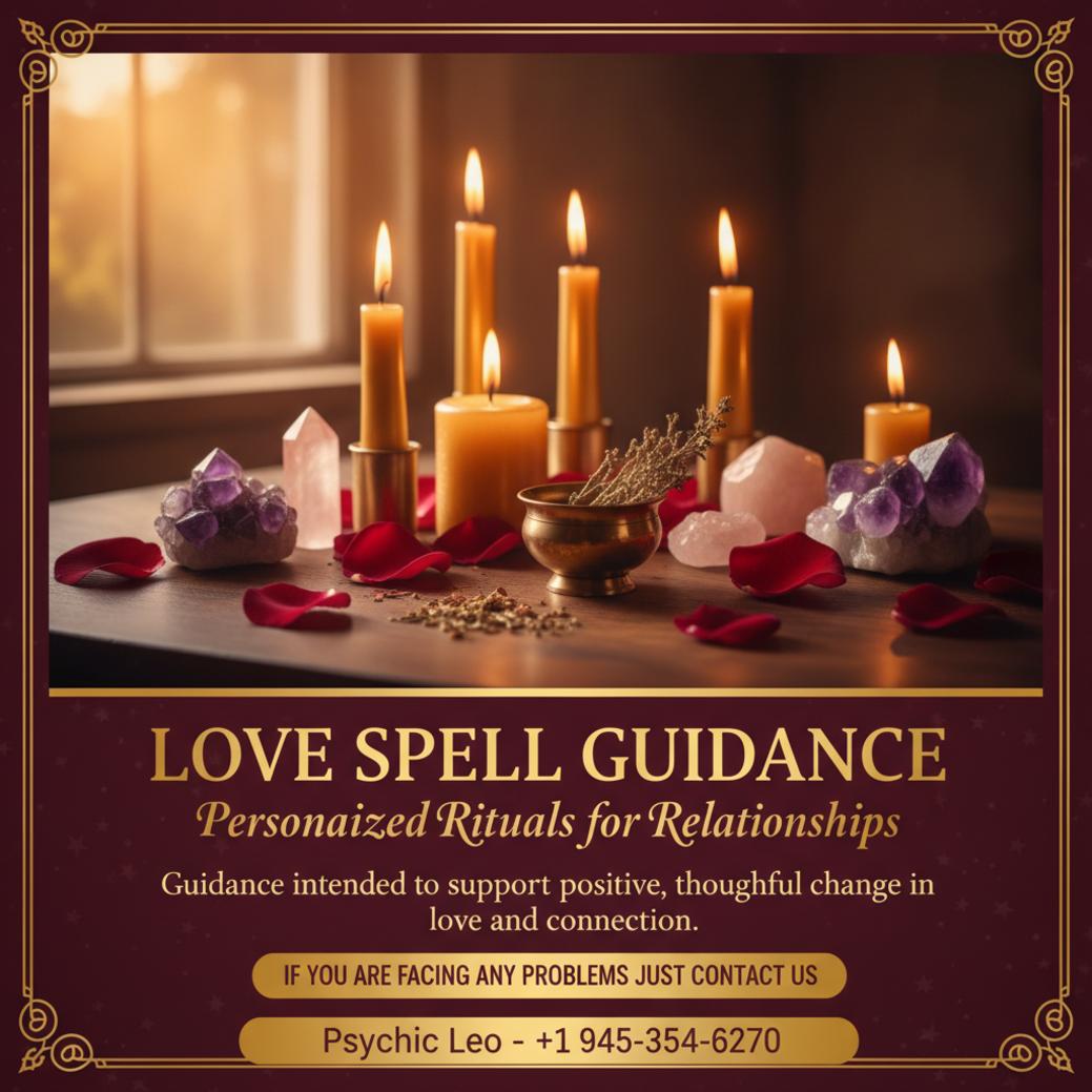 Wooden altar with candles and crystals for love spell guidance in Round Rock