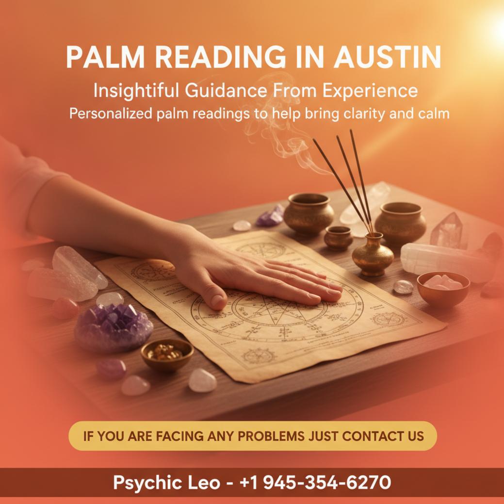 Palm reading showing hand lines and mounts gently lit in Austin setting